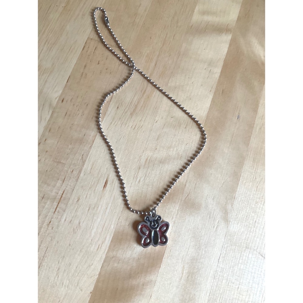 Silver Tone Red Glitter Butterfly Pendant Necklace Ball Chain Y2K Kidcore